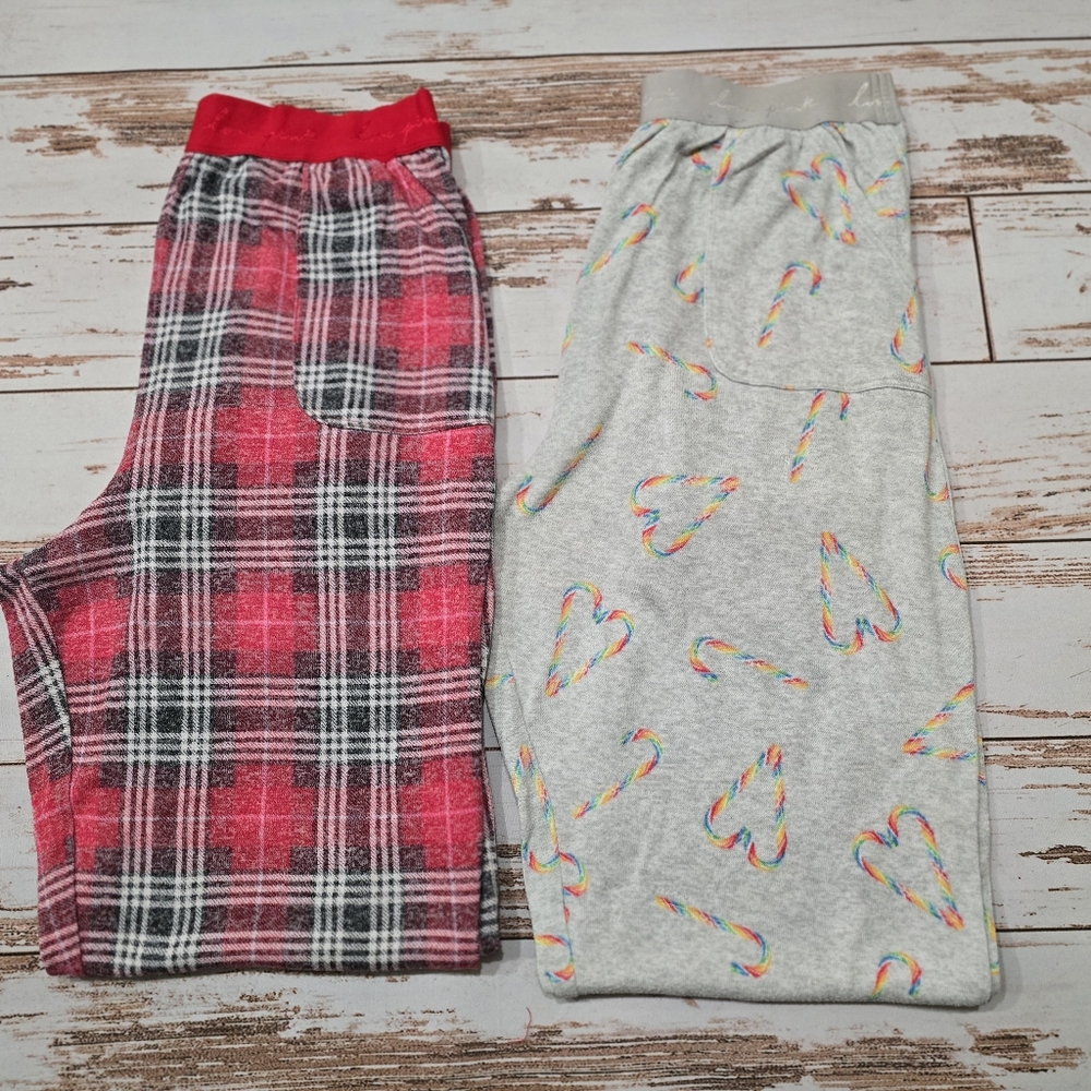 2 Pair PINK Victoria's Secret Red Plaid Gray Candy-Heart Comfy Pajama Pants L